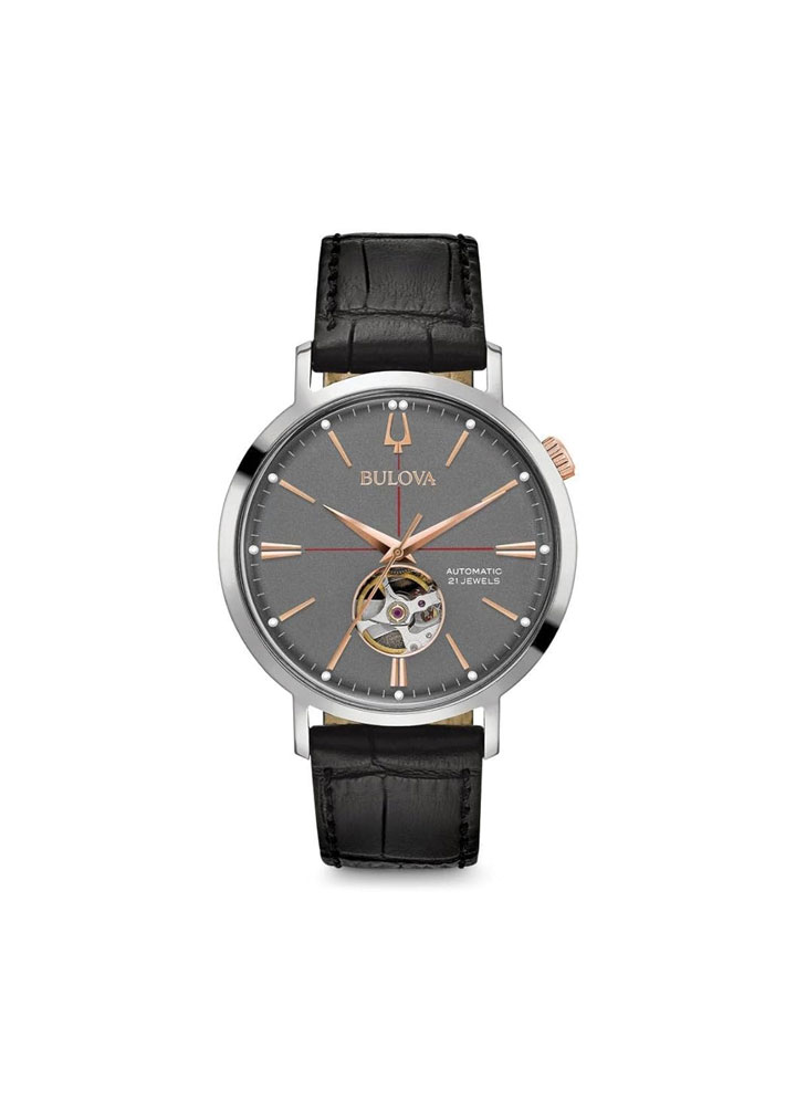 Bulova Men's Classic Aerojet 3-Hand Automatic Leather Strap Watch, Open Aperture, 40-Hour Power Reserve, Double Curved Mineral Crystal, 41mm