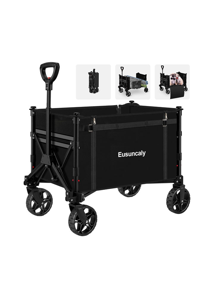 Collapsible Wagon Cart with Wheels Foldable Wagon Folding Outdoor Utility Wagon Grocery Wagon for Camping Shopping Sports Gardeing Fishing (Black)