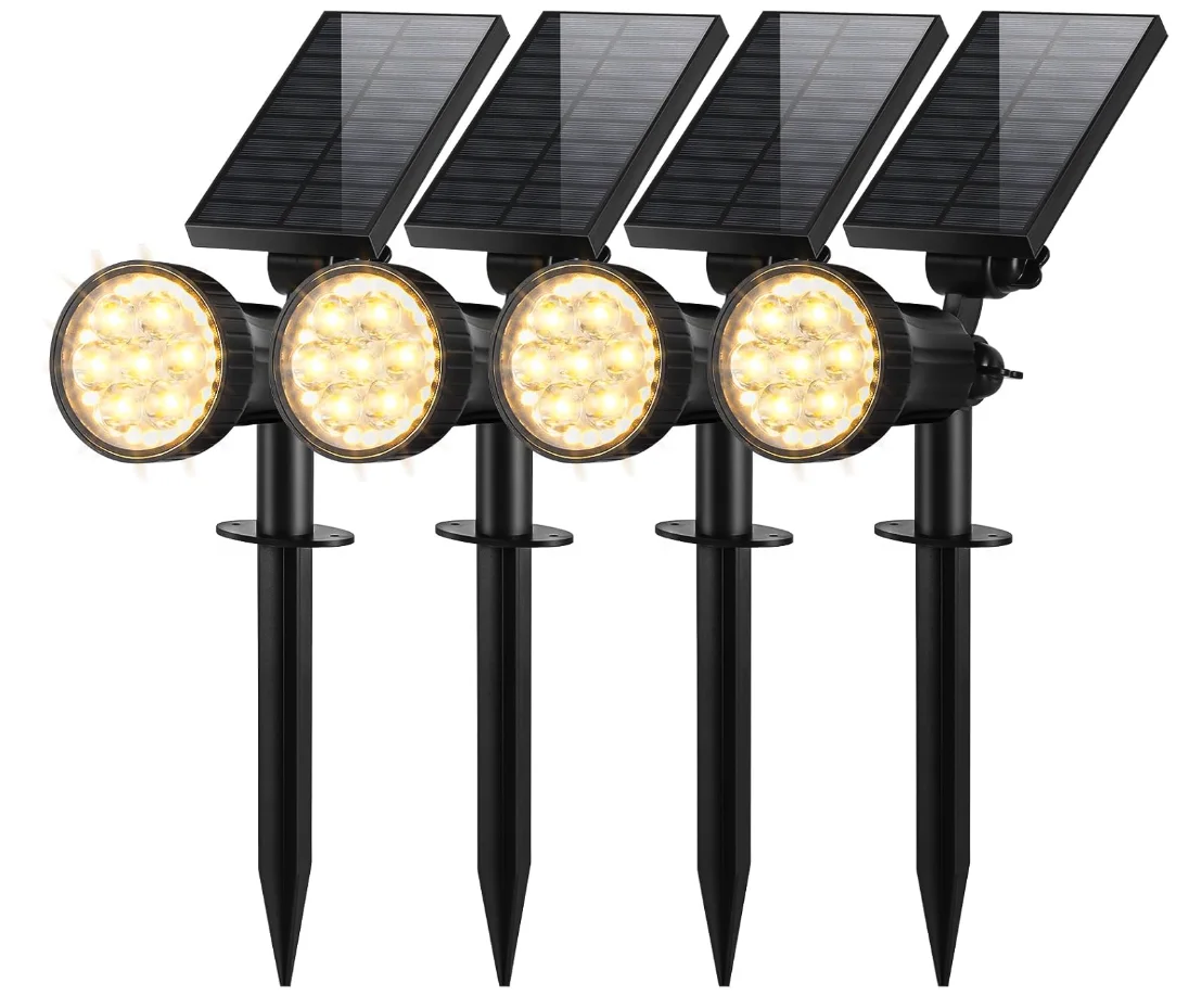 Solar Spot Lights Outdoor 4 Pack, 3 Brightness Levels, Warm White